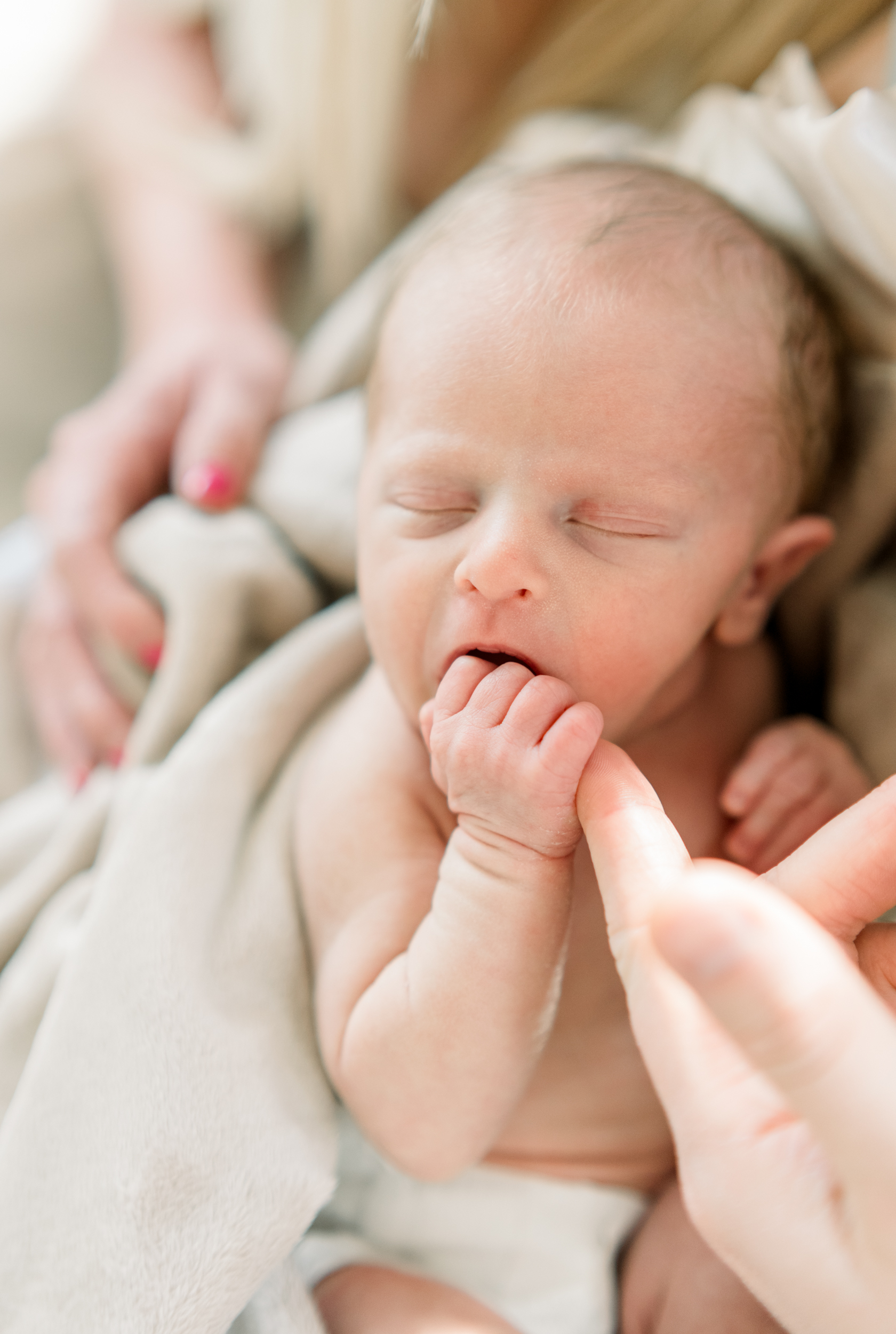 A newborn baby holds dad's finger while sleeping in his arms in a blanket